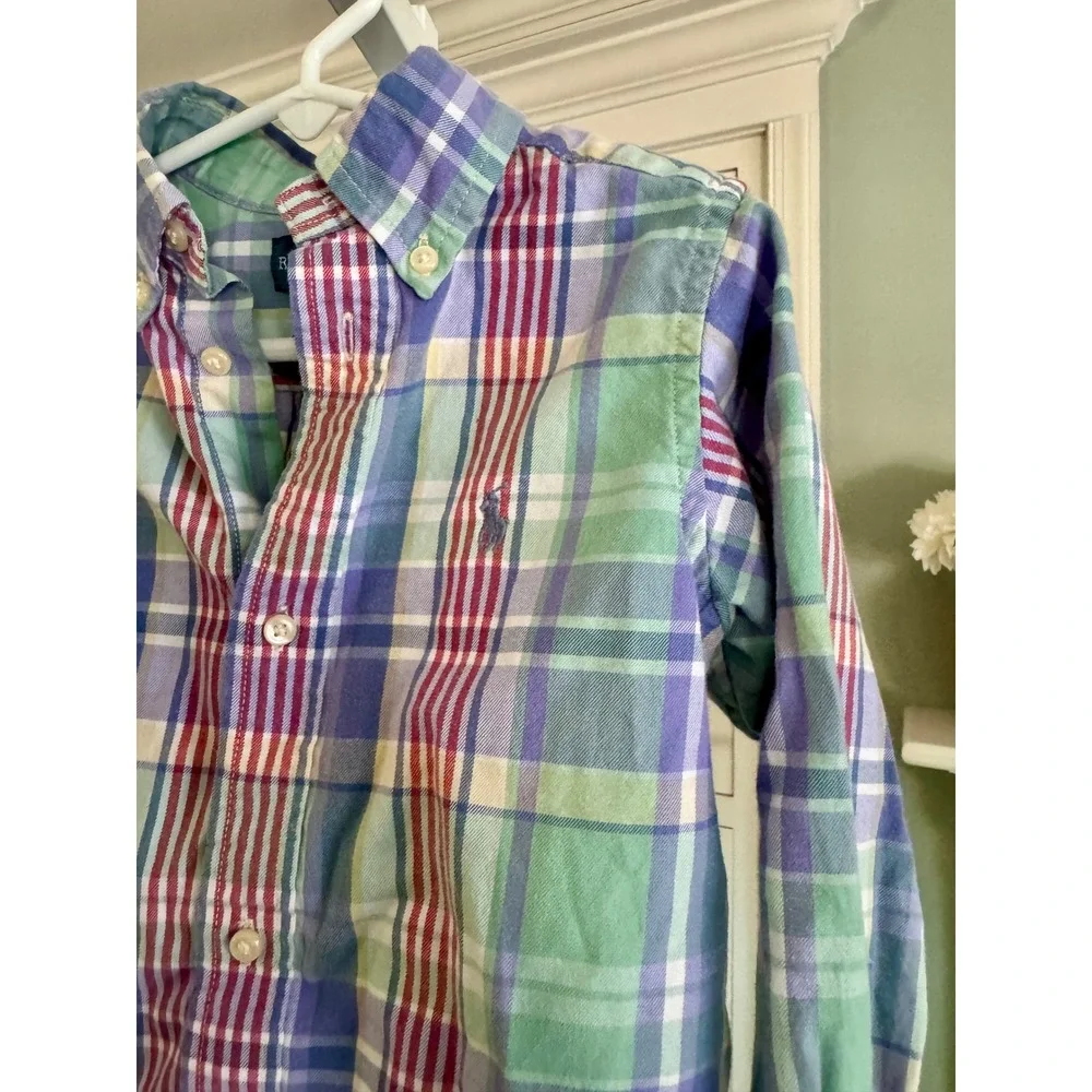 Ralph Lauren Kids Plaid Button Down Shirt 3T Green Purple Cotton Long Sleeve